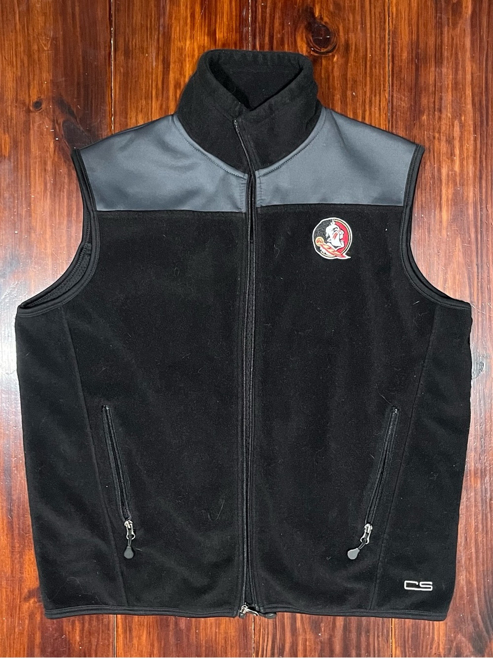 Black Fleece Vest with Leather-Look Yoke and Collegiate Patch